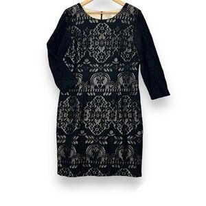 Cremieux Black Lace Dress Women's‎ 14 Nude Underlay Cocktail Party 3/4 Sleeves